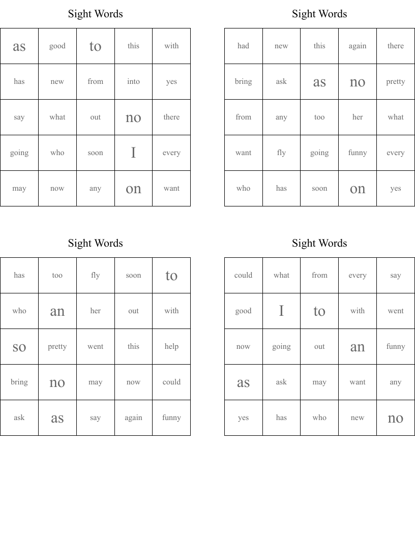 Sight Words Bingo Cards