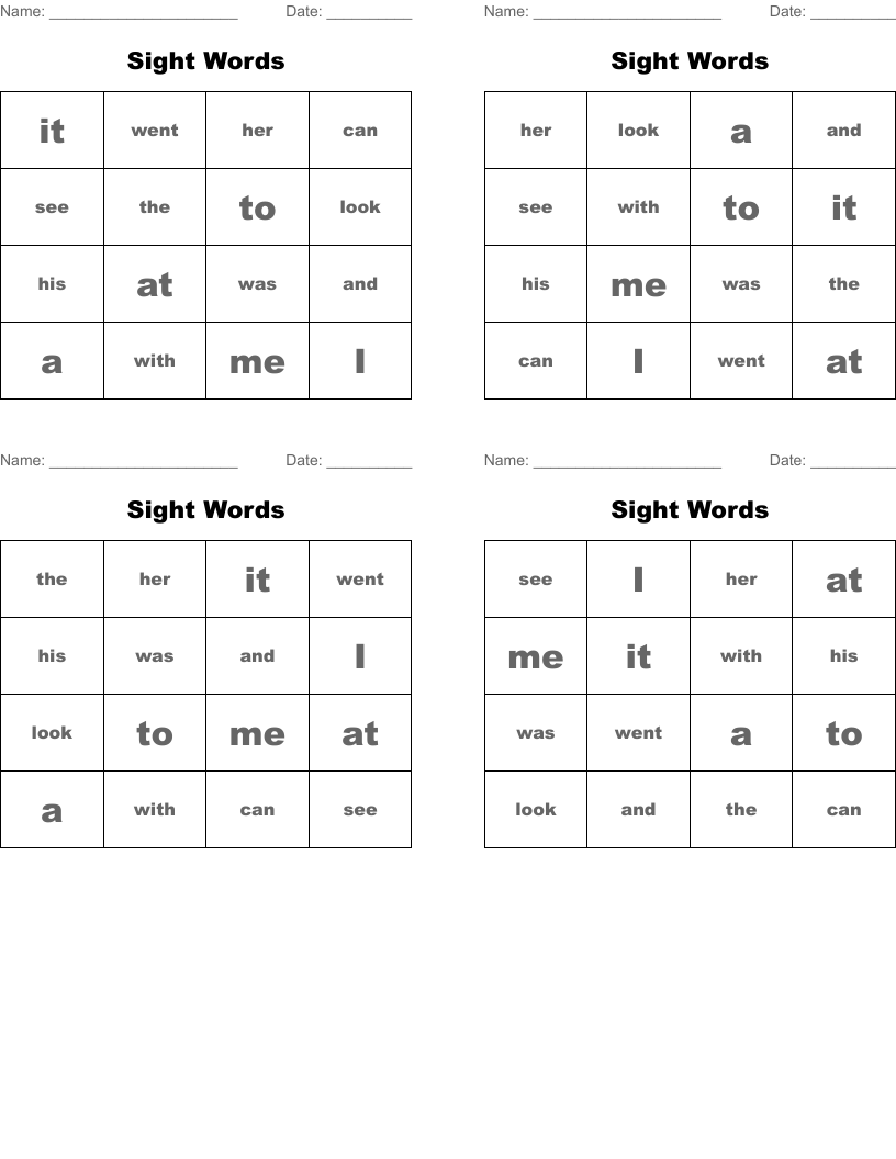 Sight Words Bingo Cards