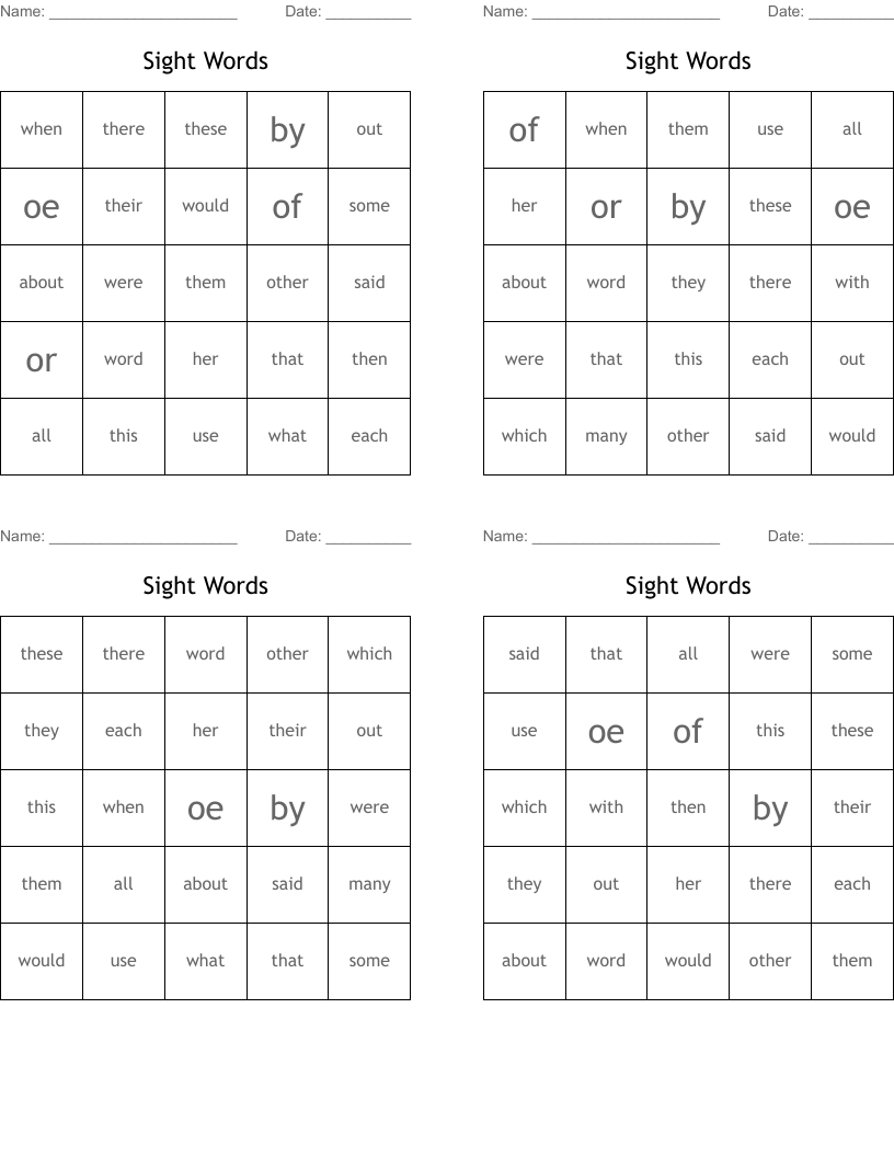 Sight Words Bingo Cards