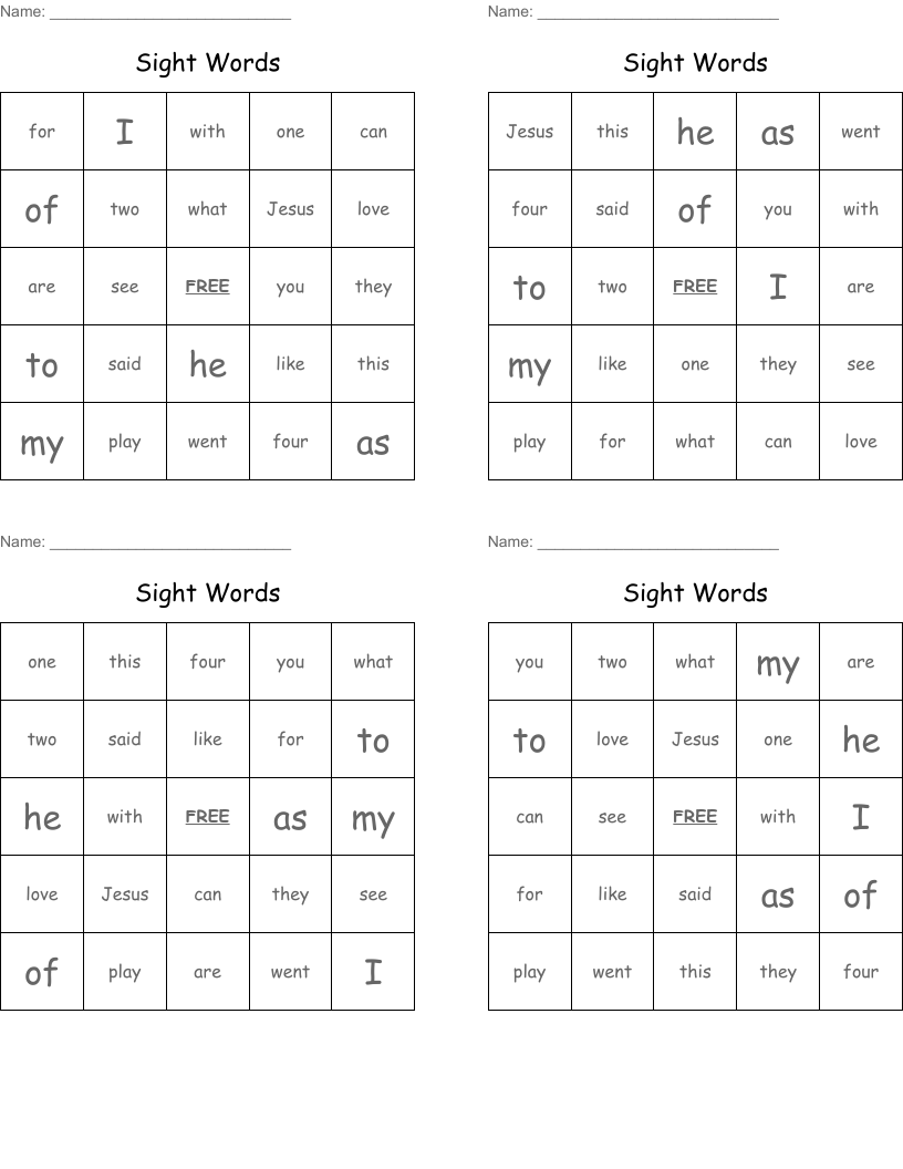 Sight Words Bingo Cards