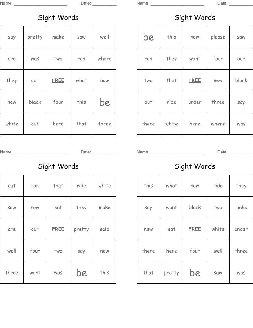 Sight Words Bingo Cards