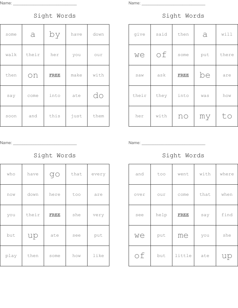 Sight Words Bingo Cards