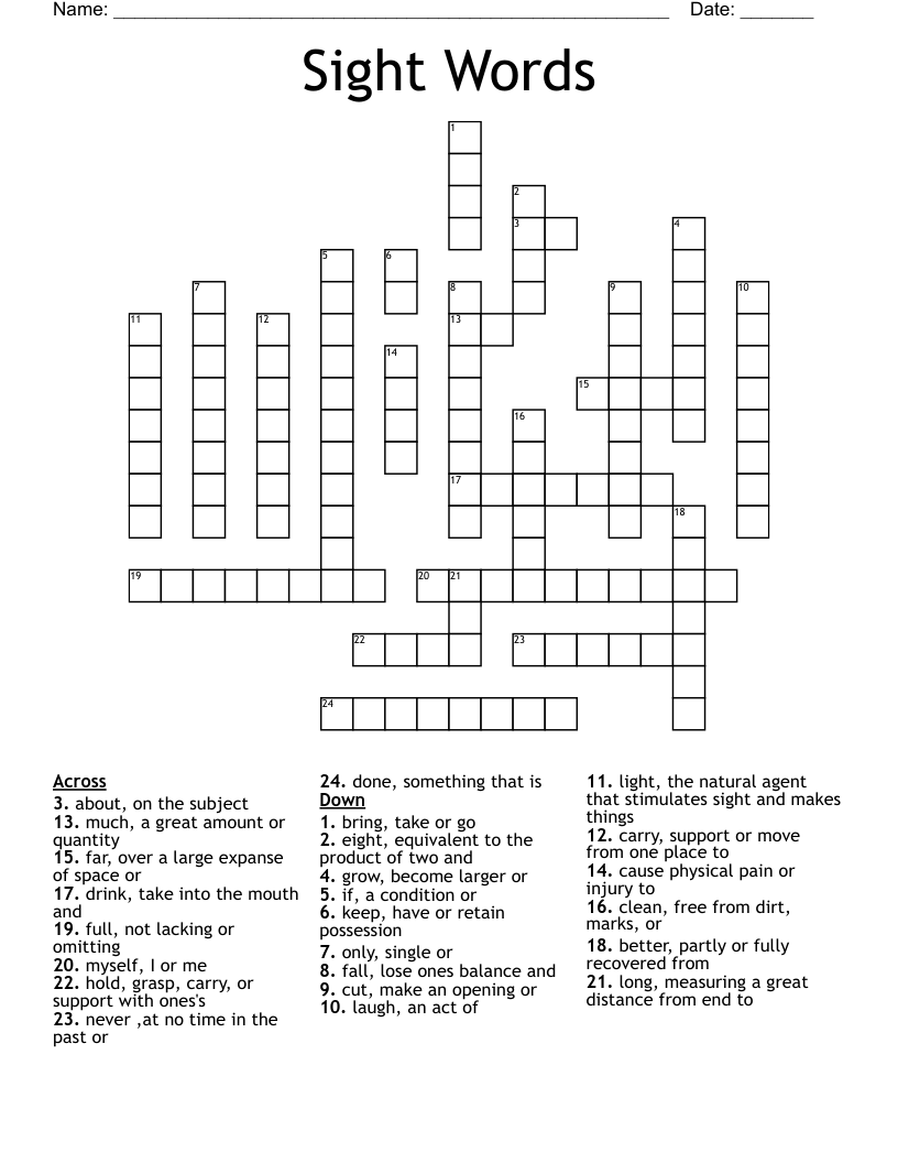 Sight Words Crossword