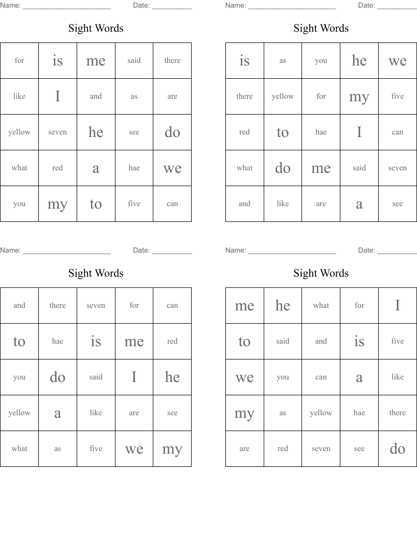 Sight Words Bingo Cards