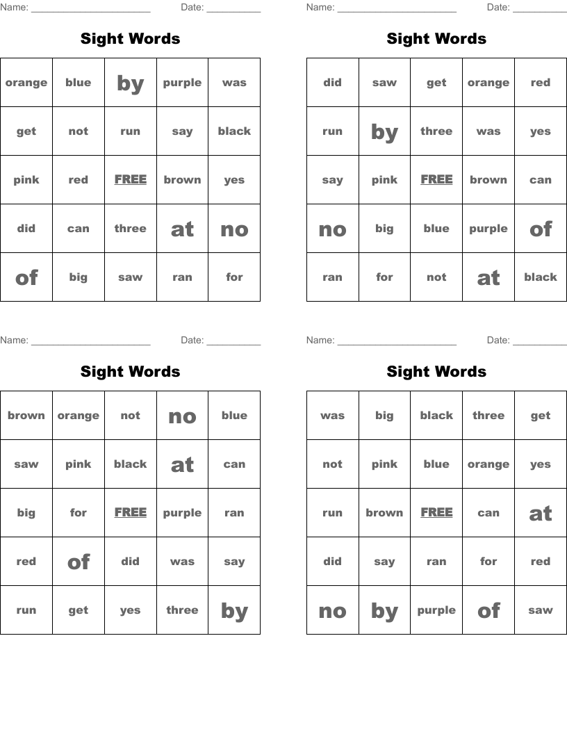 Sight Words Bingo Cards