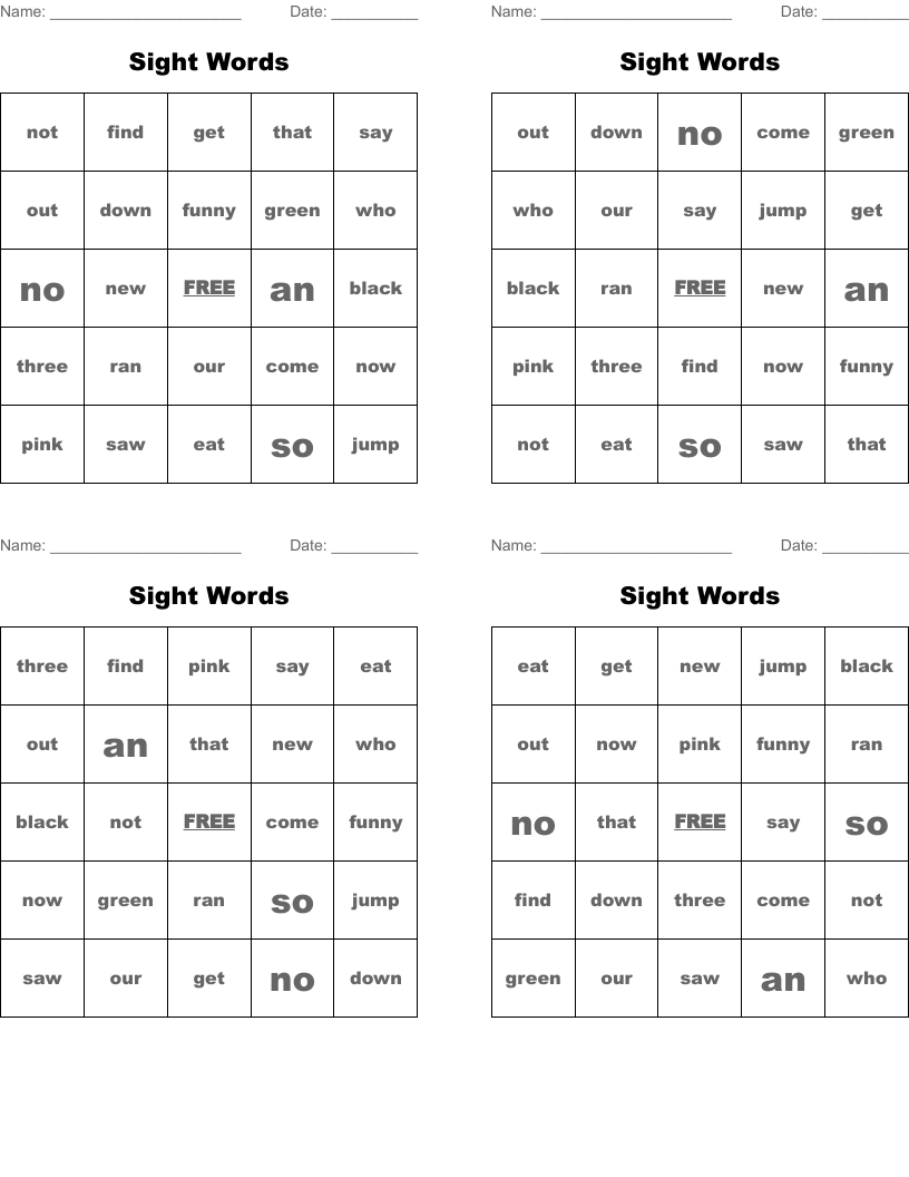 Sight Words Bingo Cards