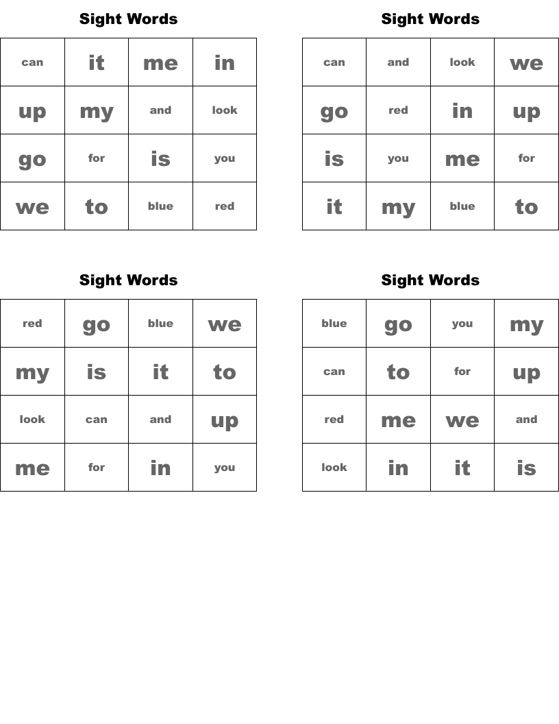 Sight Words Bingo Cards