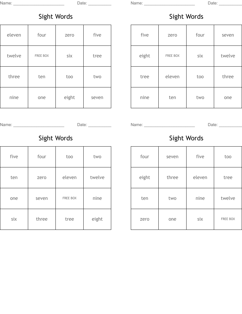 Sight Words Bingo Cards