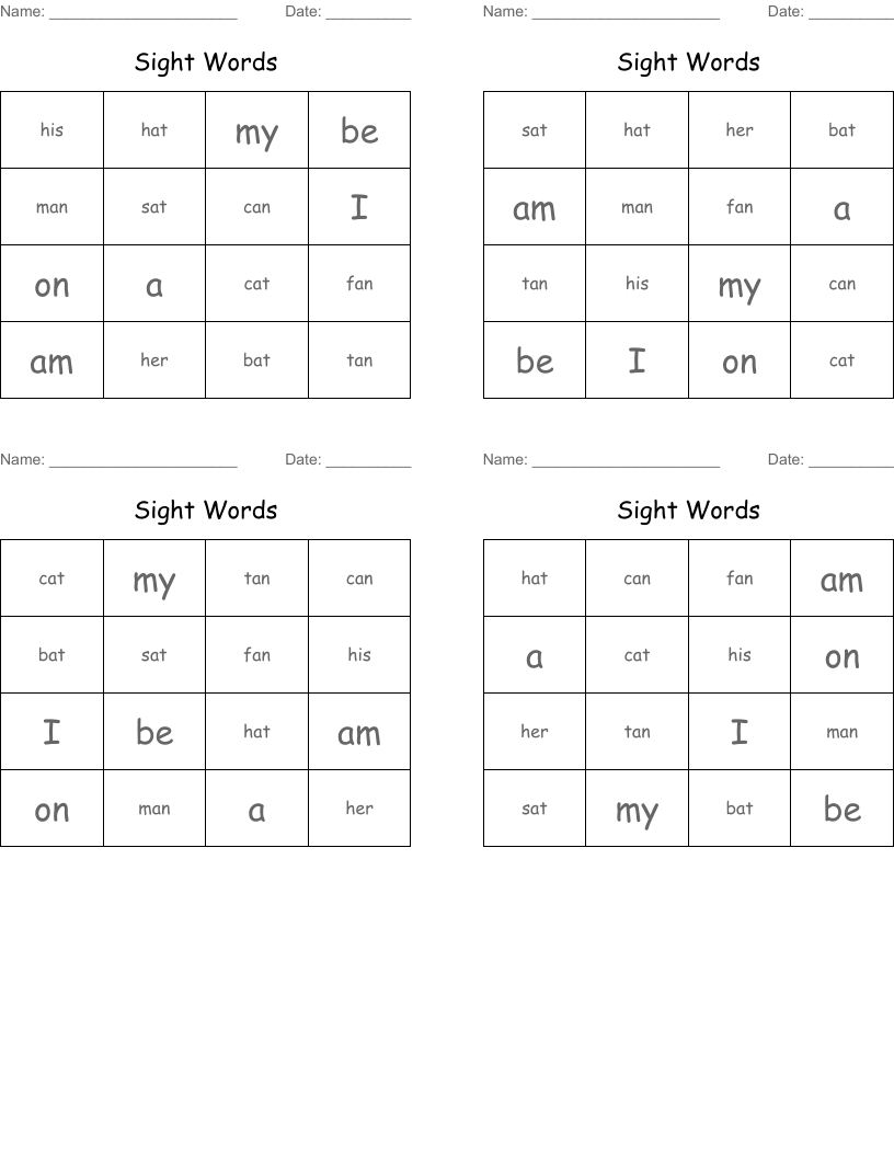 Sight Words Bingo Cards