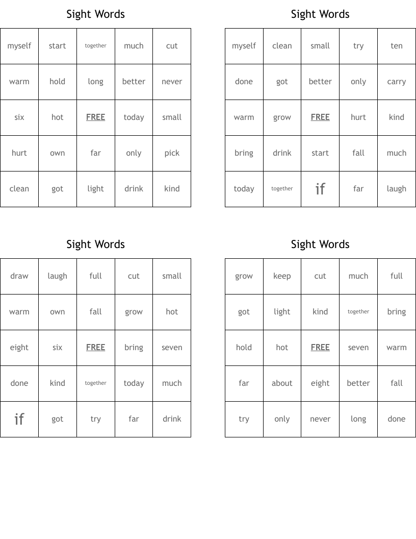 Sight Words Bingo Cards