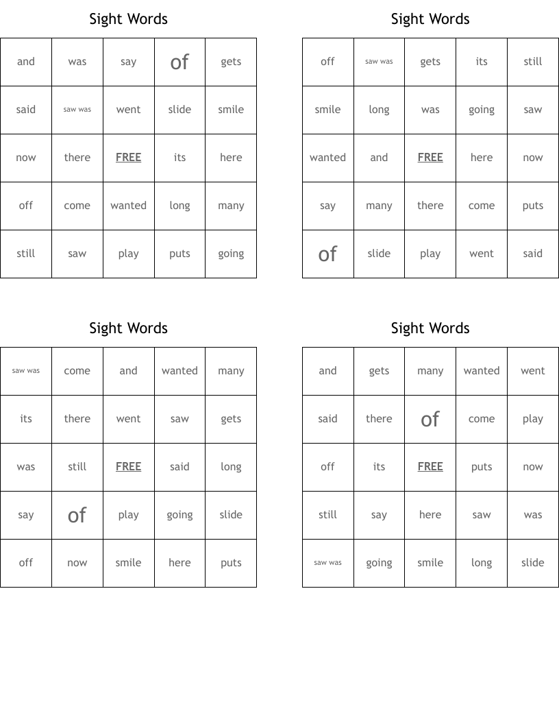 Sight Words  Bingo Cards