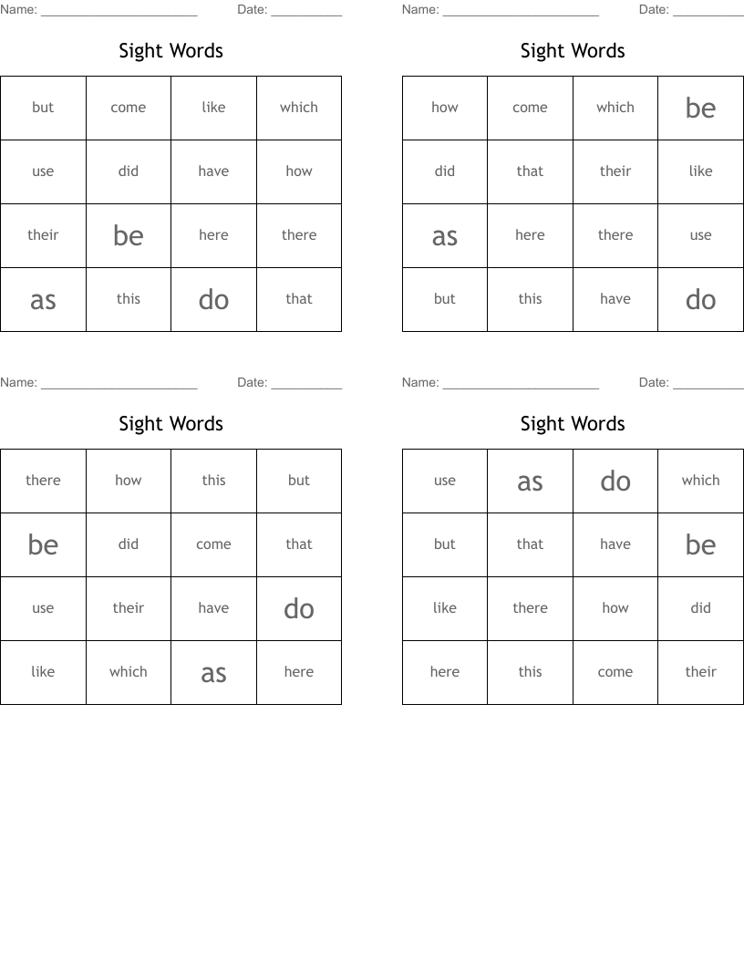 Sight Words Bingo Cards