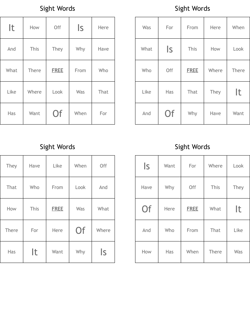 Sight Words Bingo Cards