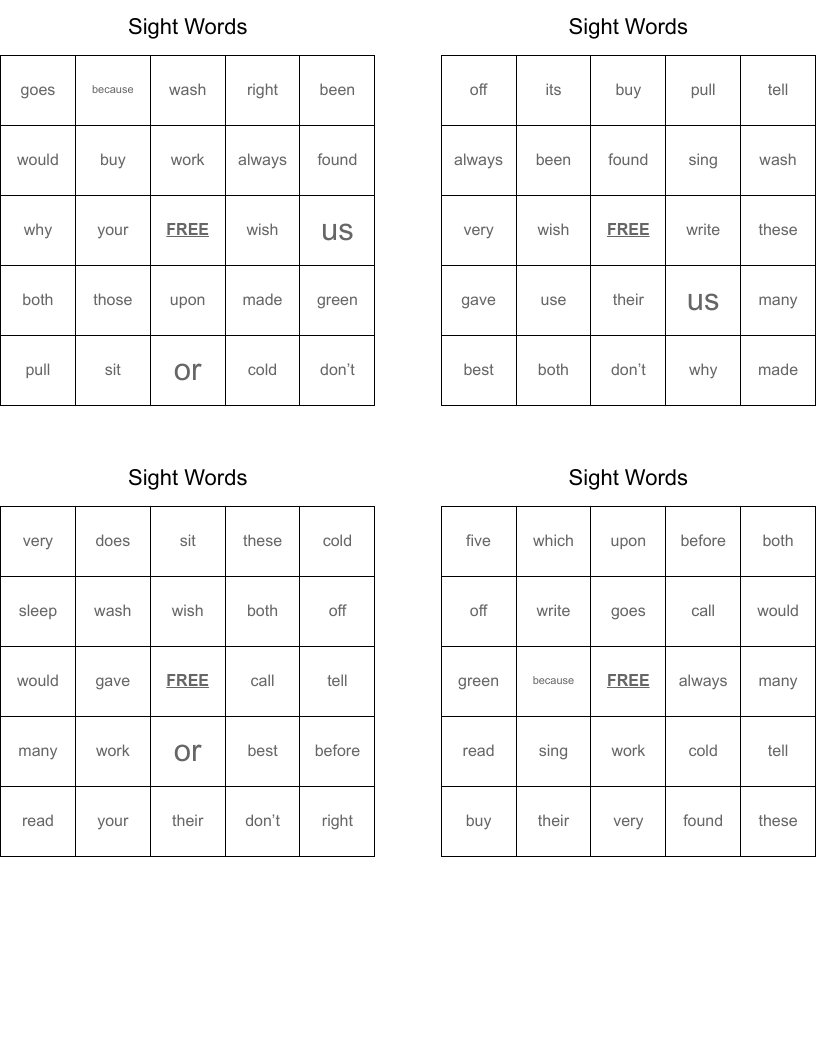 Sight Words Bingo Cards
