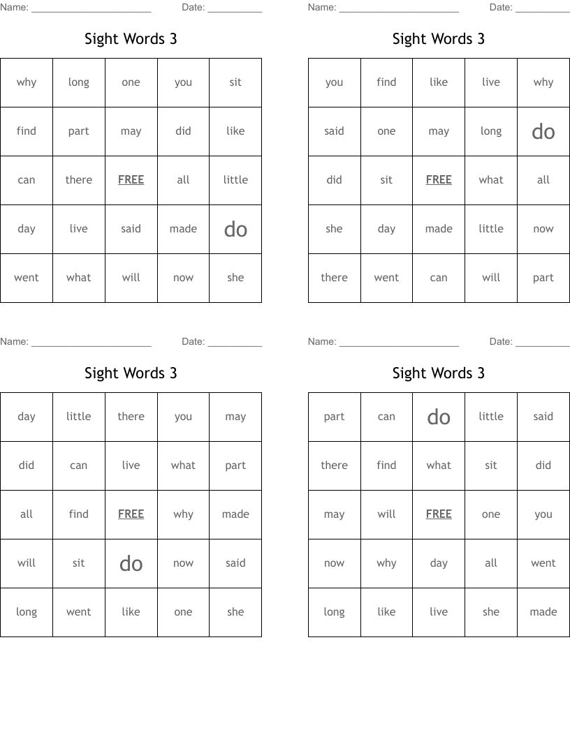 Sight Words 3 Bingo Cards