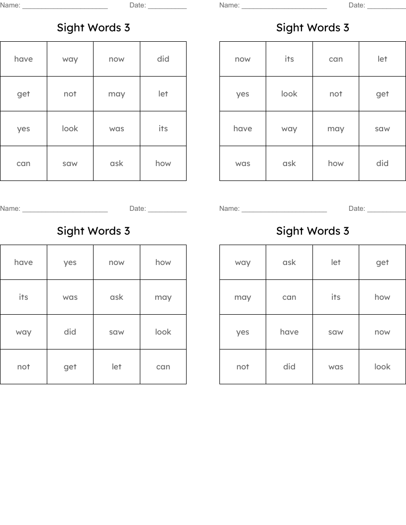Sight Words 3 Bingo Cards