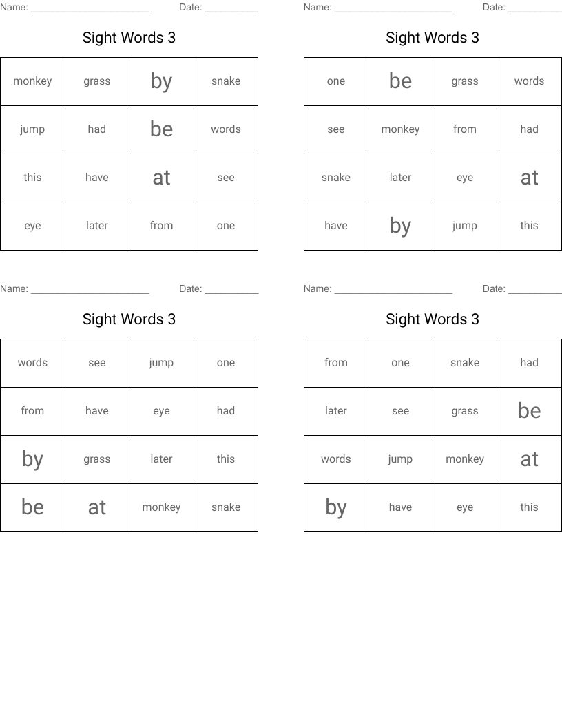 Sight Words 3 Bingo Cards