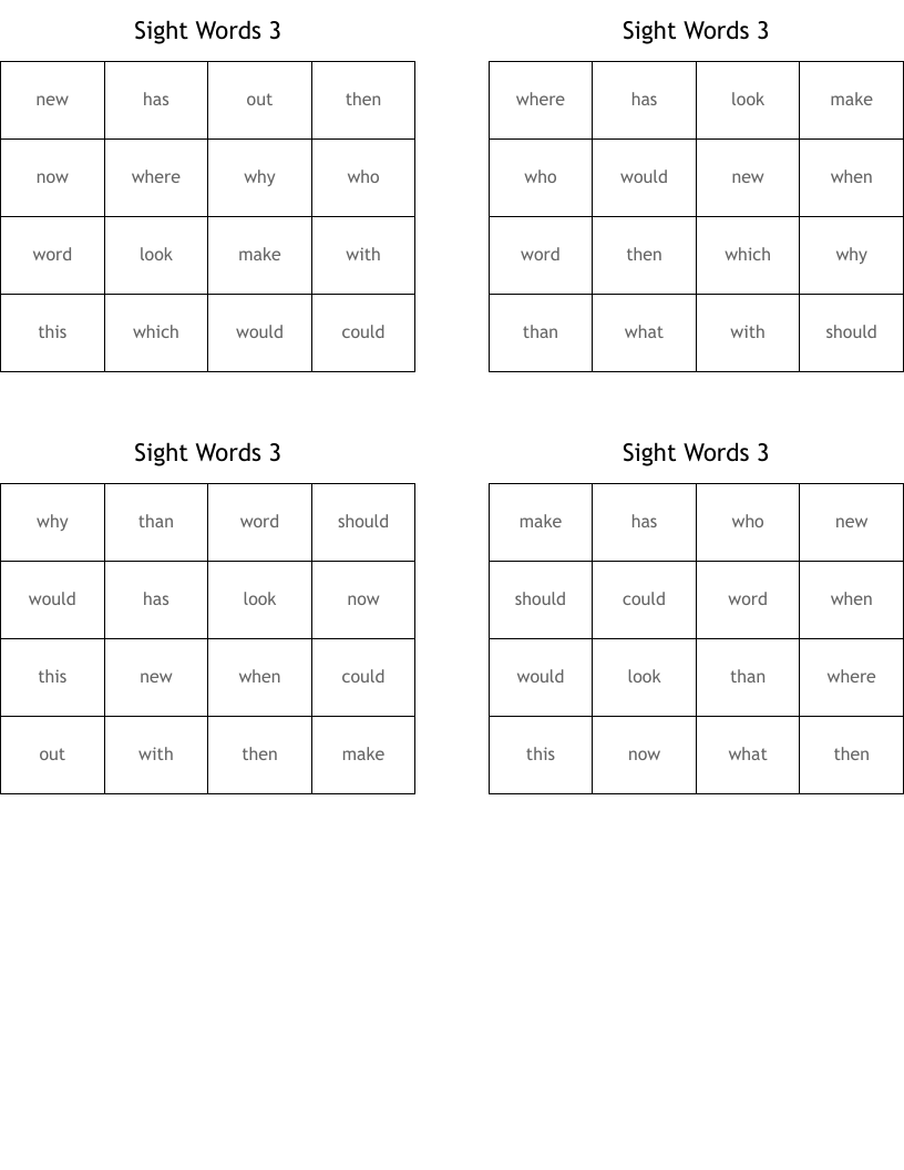 Sight Words 3 Bingo Cards