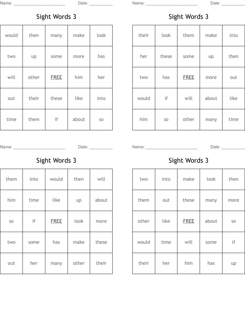 Sight Words 3 Bingo Cards