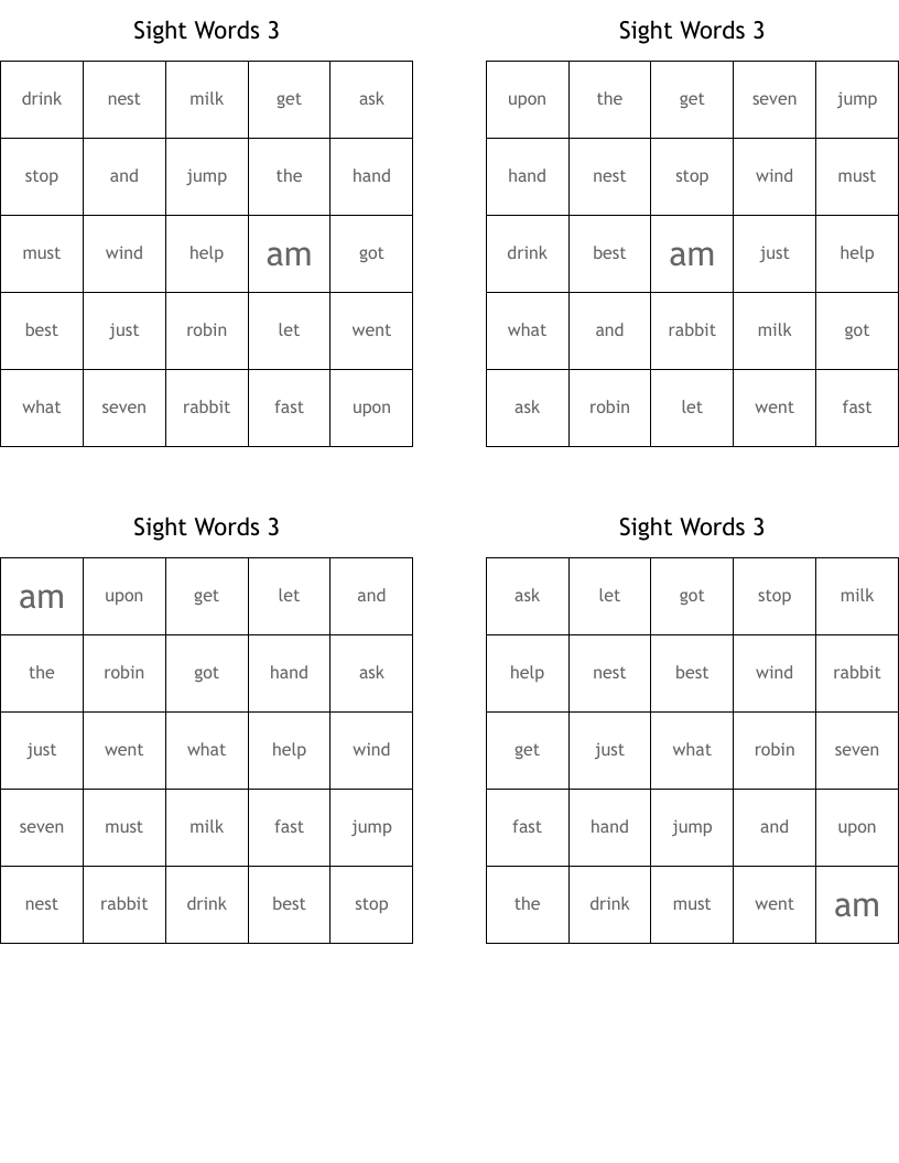 Sight Words 3 Bingo Cards