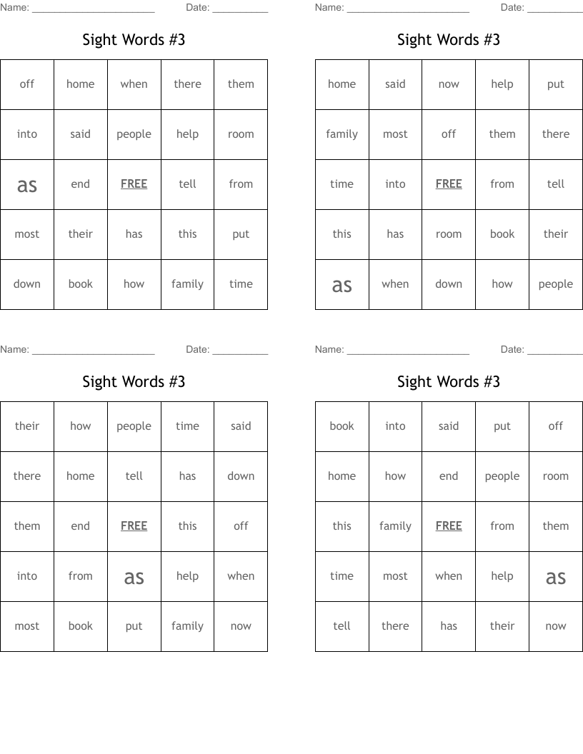 Sight Words #3 Bingo Cards