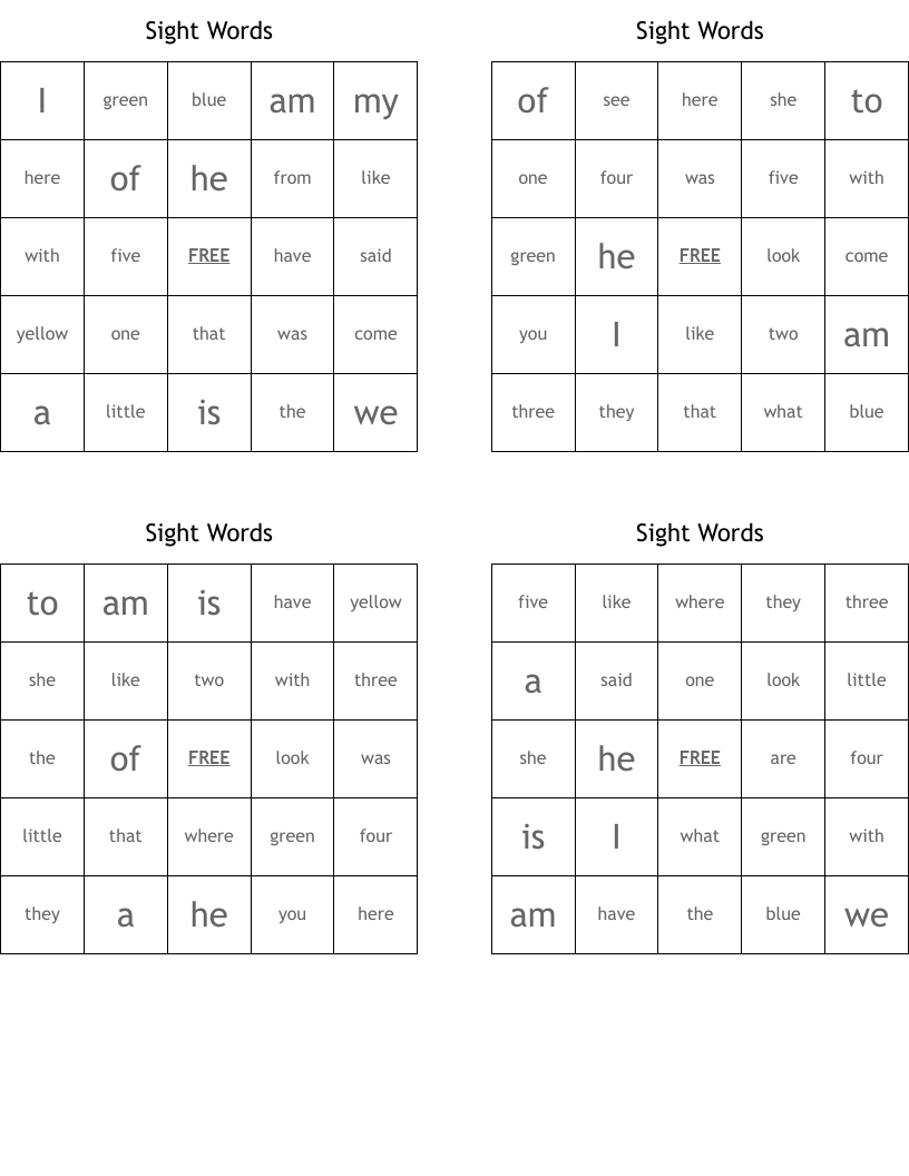 Sight Words Bingo Cards