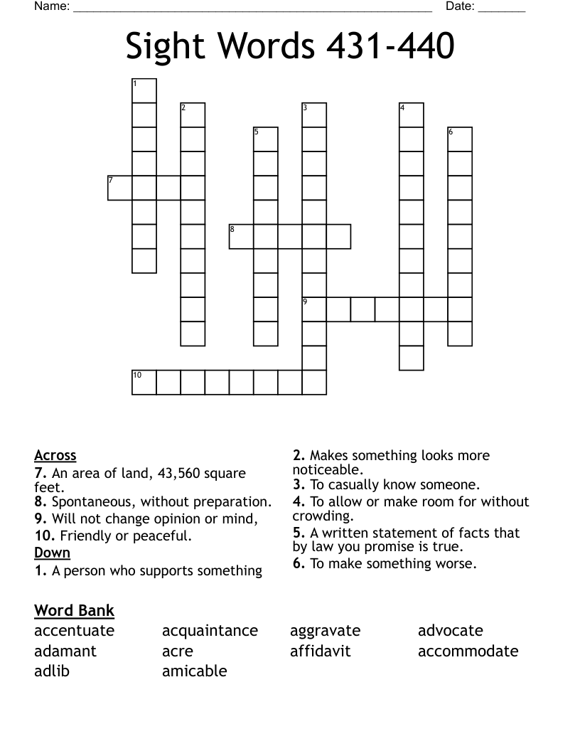 Sight Words 431-440 Crossword