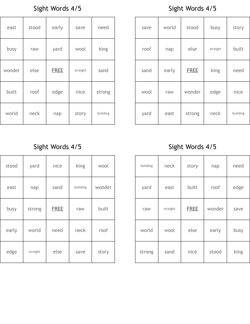 Sight Words 4/5 Bingo Cards