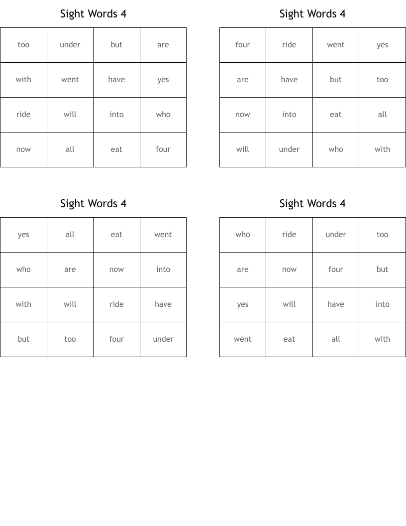 Sight Words 4 Bingo Cards
