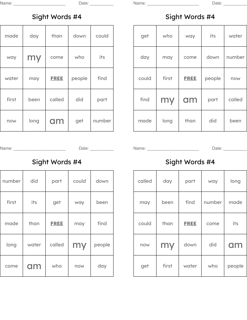 Sight Words #4 Bingo Cards