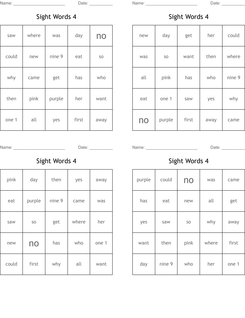 Sight Words 4 Bingo Cards