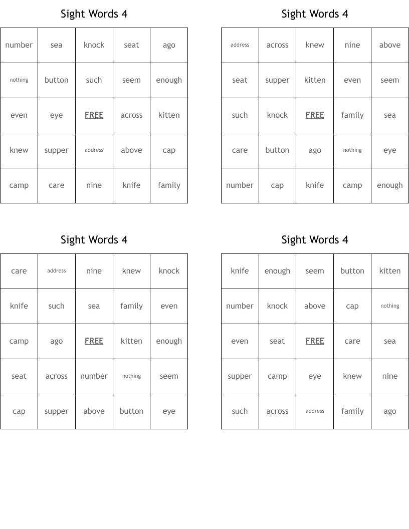 Sight Words 4 Bingo Cards