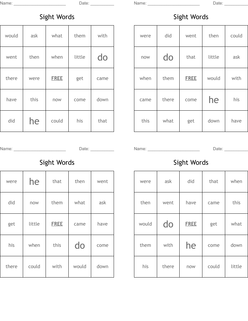 Sight Words Bingo Cards