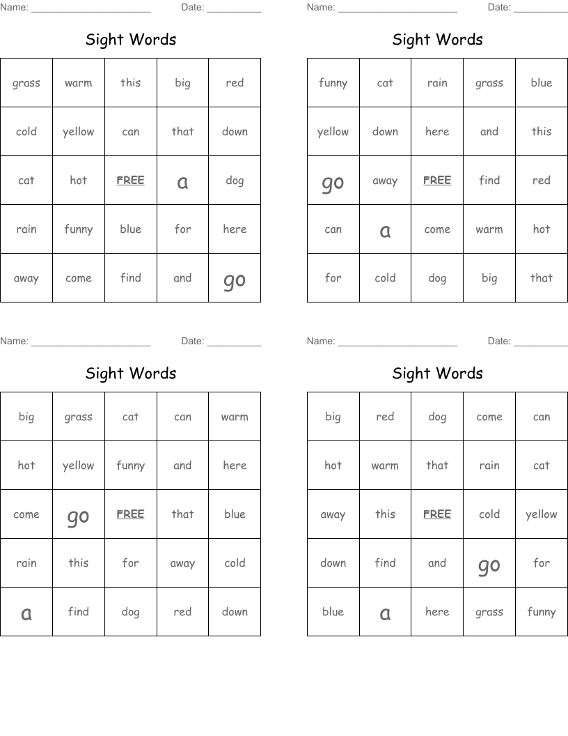 Sight Words Bingo Cards