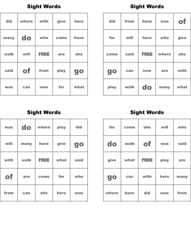 Sight Words Bingo Cards