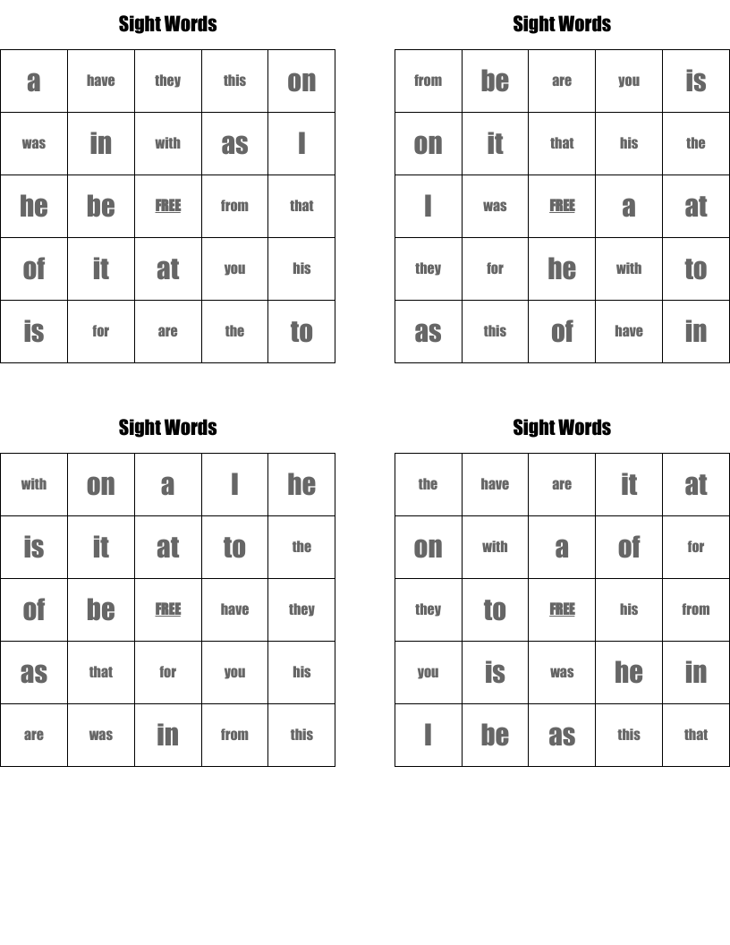 Sight Words Bingo Cards