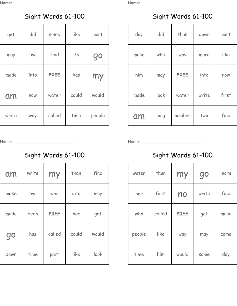 Sight Words 61-100 Bingo Cards