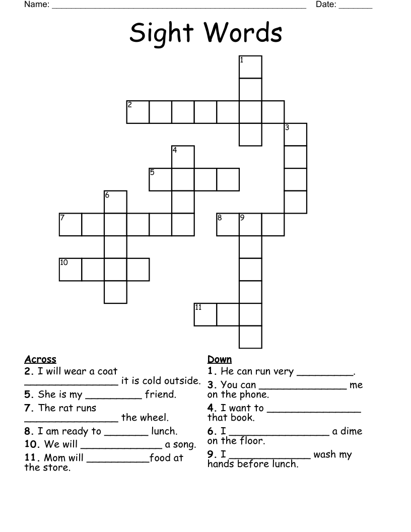 Sight Words Crossword