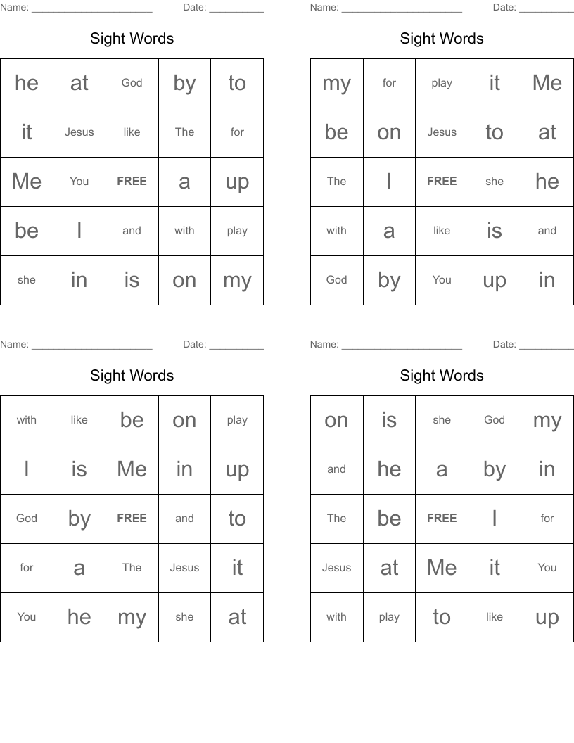 Sight Words Bingo Cards