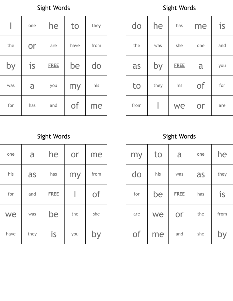 Sight Words Bingo Cards