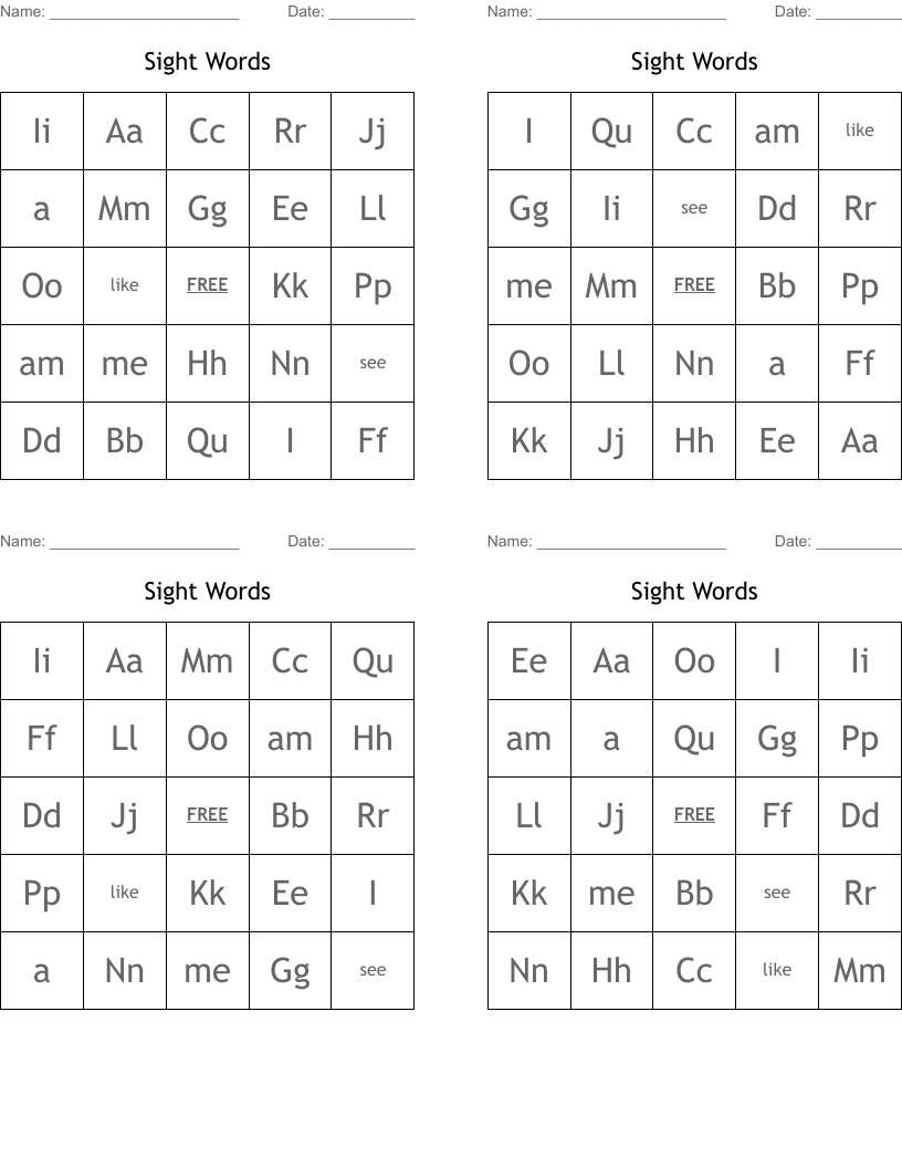 Sight Words Bingo Cards