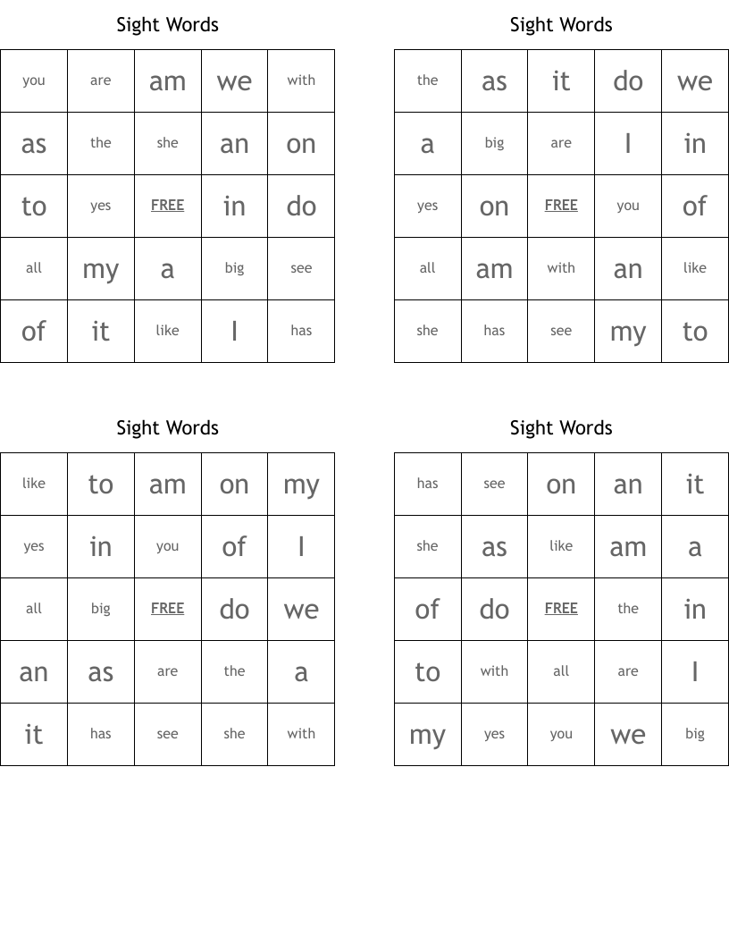 Sight Words Bingo Cards