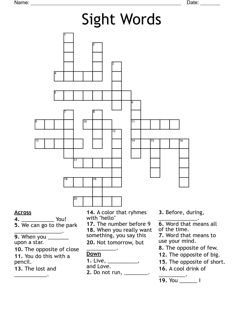 Sight Words Crossword