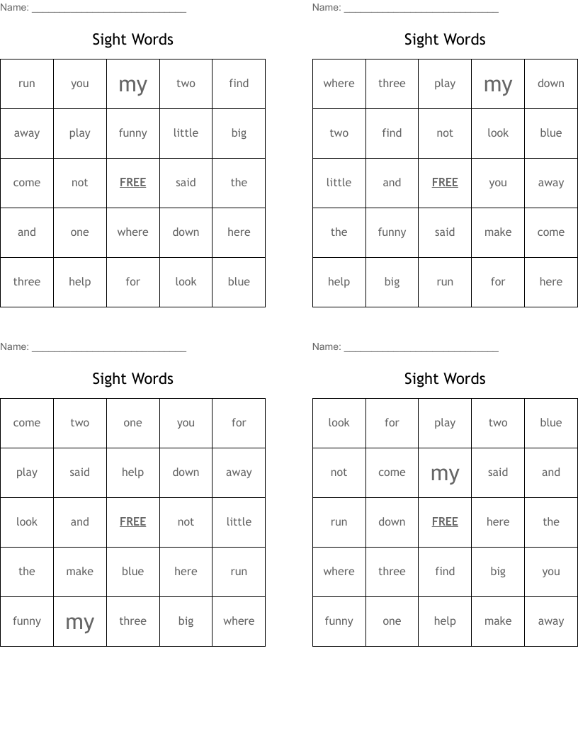 Sight Words Bingo Cards