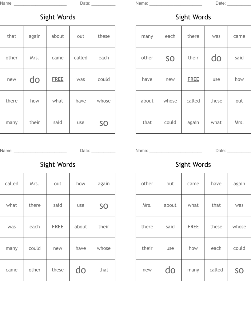 Sight Words Bingo Cards