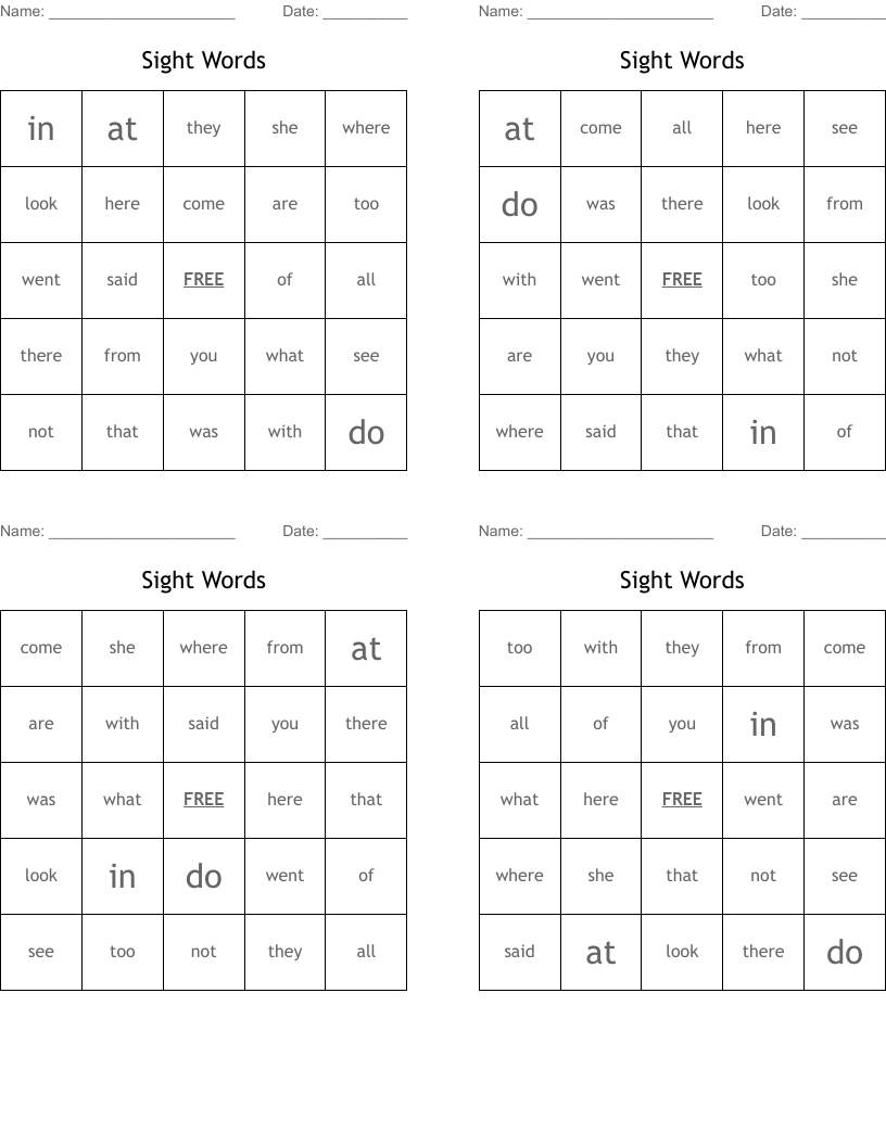Sight Words Bingo Cards