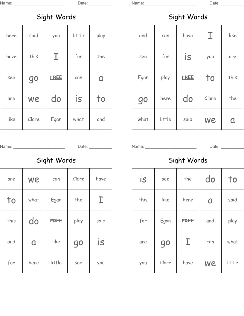 Sight Words Bingo Cards