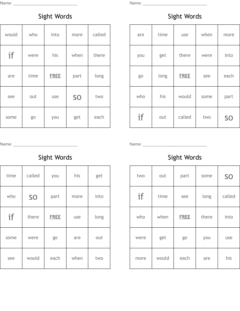 Sight Words Bingo Cards