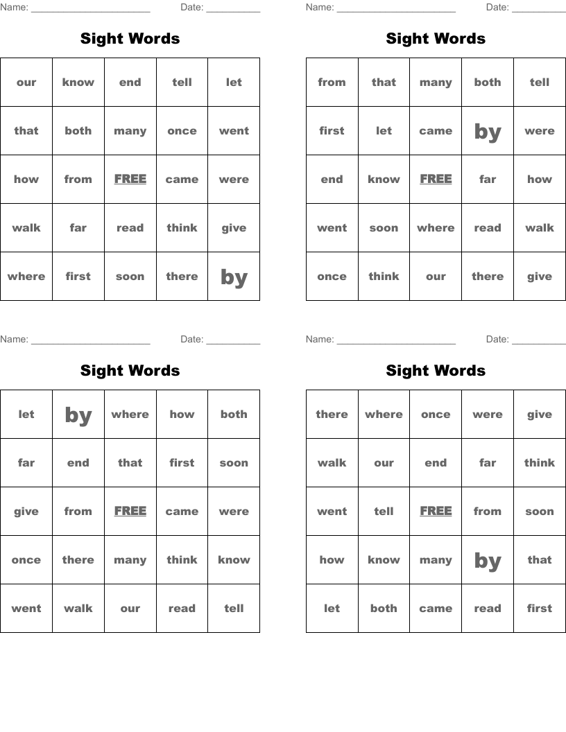 Sight Words Bingo Cards
