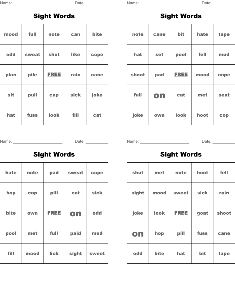 Sight Words Bingo Cards